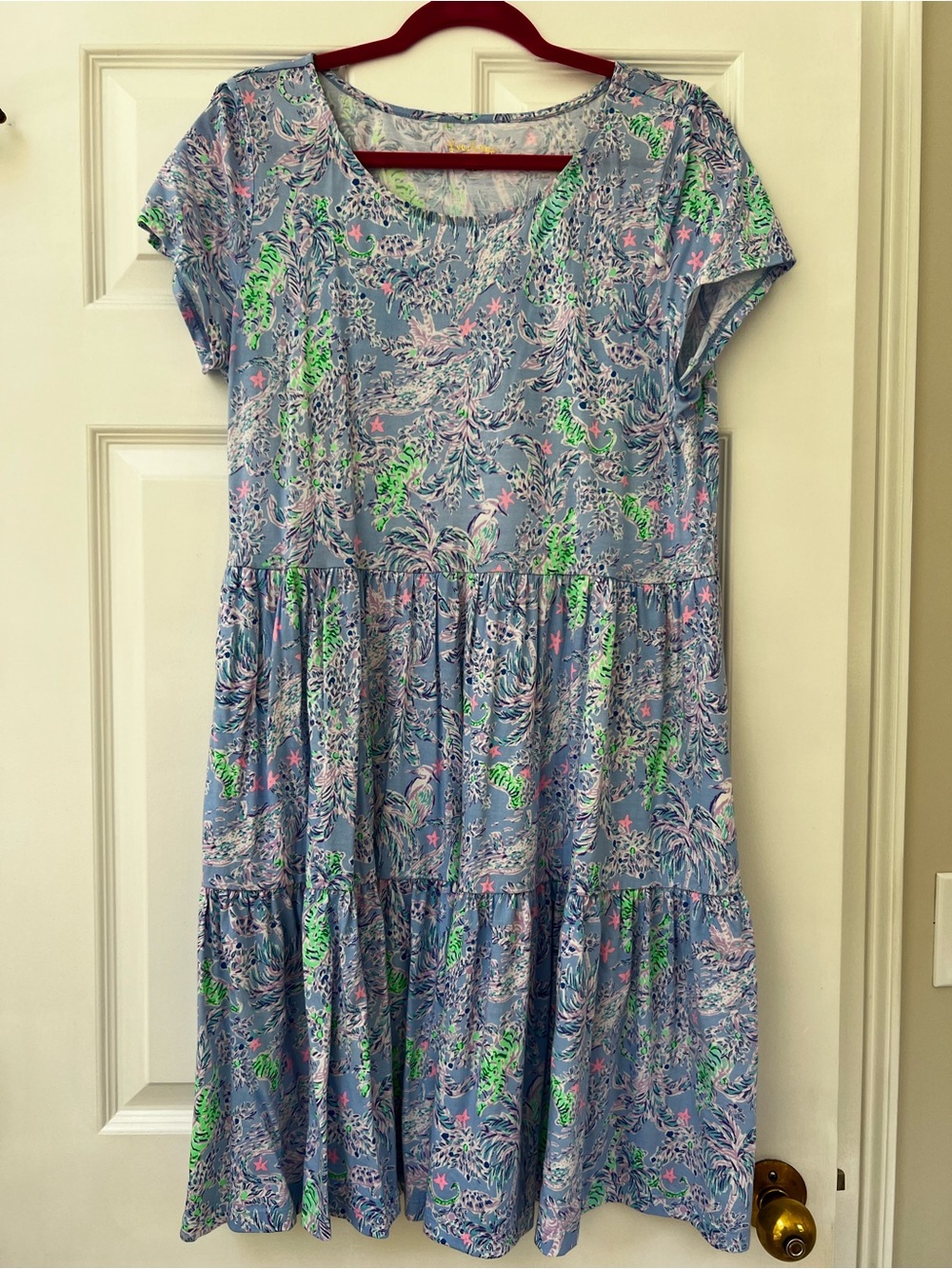 New Lilly Pulitzer Light Blue Floral Dress with Pink & Green Accents L